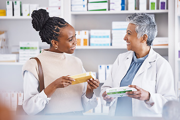 Image showing Happy doctor, consulting and patient in pharmacy for healthcare prescription, medication or advice for illness or cure. Woman medical pharmacist talking to customer about pills or drugs at the clinic