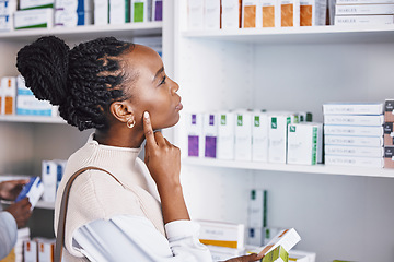 Image showing Black woman, patient and thinking for healthcare drugs, medication decision for pain relief on pharmacy shelf. Thoughtful African female customer looking at pharmaceutical products for self diagnosis