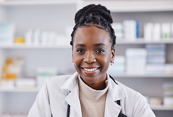 Image showing Black woman, doctor and portrait smile in healthcare, pharmacy or medication consultant at clinic. Face of happy African American female medical professional or pharmacist smiling in health insurance