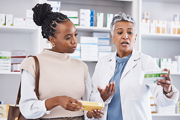 Image showing Doctor, consulting and patient for healthcare drugs, medication or prescription for diagnosis, cure or illness at the pharmacy. Woman medical pharmacist talking to customer about pills at the clinic