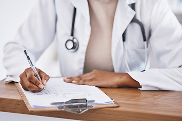 Image showing Doctor, hands and clipboard with pharmacy checklist and insurance agreement document. Contract, clinic support and healthcare worker with writing and paperwork for report and wellness application