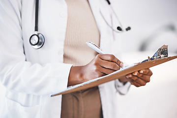 Image showing Doctor, woman hands and clipboard with consultant contract and insurance agreement document. Hospital, clinic and healthcare worker with writing and paperwork for report and surgeon application