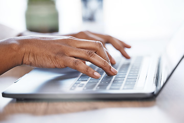 Image showing Hands, laptop and typing in research, email or business proposal for schedule planning on office desk. Hand of person working on computer for communication, networking or social media at workplace