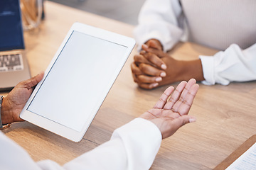 Image showing Doctor, hands and mockup tablet for consulting, Telehealth or healthcare with patient on office desk at hospital. Hand of medical professional in consultation with client holding technology display