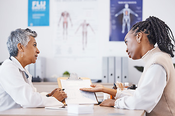 Image showing Consulting, results and doctor with black woman in office for medical, checklist and appointment. Interview, healthcare and medicine with patient and expert in hospital for exam, discussion or advice