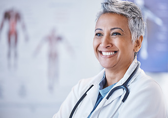 Image showing Senior woman, doctor and smile for healthcare, thinking or cardiology at the hospital. Face of happy elderly female medical expert smiling with idea for health or life insurance at clinic on mockup