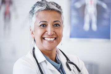 Image showing Senior woman, doctor and portrait smile for healthcare, anatomy or cardiology at hospital. Face of happy elderly female medical professional smiling with teeth for health or life insurance at clinic