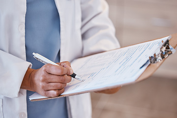 Image showing Doctor, woman hand and clipboard with pen and consultant contract for insurance document. Hospital, clinic and healthcare worker with writing and paperwork for report and surgeon application