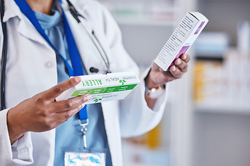 Image showing Doctor, hands and medication for healthcare prescription, diagnosis or cure for illness or pain at pharmacy. Hand of woman medical professional or pharmacist with pills or drugs for health insurance