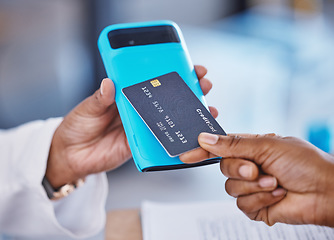 Image showing Doctor, hands and credit card in healthcare payment, electronic transaction or purchase at pharmacy. Hand of patient or medical pharmacist paying for service, finance or consultation on mobile device