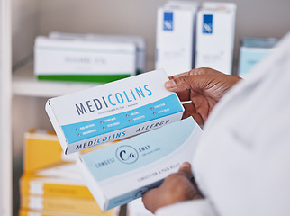 Image showing Doctor, hands and pharmacy medication for healthcare prescription, diagnosis or cure for illness or pain. Hand of medical professional or pharmacist with medicine, pills or drugs for health insurance