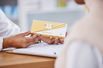 Image showing Pharmacy, hands and pharmacist with medicine for customer giving healthcare advice or medical treatment. Prescription, allergy and doctor give drugs or medication for pain relief at a drugstore