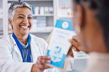 Image showing Smile, pharmacist with prescription drugs in package and advice on health care, medicine and insurance. Healthcare, pharmacy and woman consultant at clinic with medical information with pills in bag.