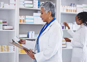 Image showing Woman, doctor and inventory inspection at pharmacy for healthcare, medication or prescription stock. Female medical expert checking and reading pharmaceutical products, pills or drugs at the clinic