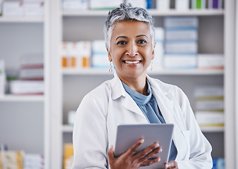 Image showing Senior woman, pharmacist and tablet in portrait for healthcare, medicine or entrepreneurship at store. Female pharma expert, mobile touchscreen or excited for small business, service or wellness shop