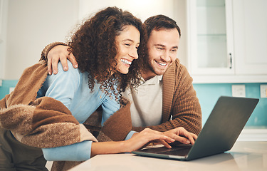 Image showing Happy couple, laptop and typing for search, internet or social network for meme in home together. Young man, woman and computer with laughing, happiness and excited face for results of web research