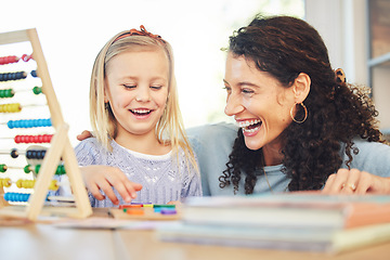 Image showing Education, learning and mother and girl in home with abacus for lesson, homework and studying. Child development, happy family and mom and kid with educational toys for school, play and activity