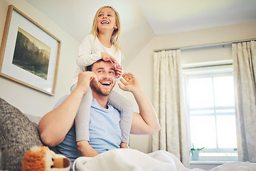 Image showing Happiness, dad and child on bed playing, quality time for fun and games on weekend morning in family home. Smile, happy man and girl on shoulders, bonding in bedroom with love and laughing together.