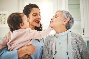 Image showing Grandmother, mother and baby happy in home for bonding, quality time and playing together. Love, family and mom carrying child with grandma play for loving, affection and happiness in living room