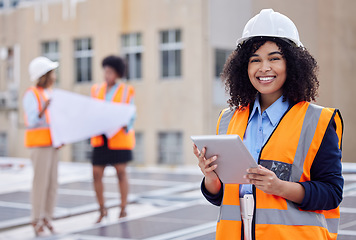 Image showing Solar panels, engineering and portrait of woman and tablet for planning, renewable energy and leadership. Sustainability, technology and photovoltaic maintenance with female engineer for inspection