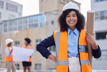 Image showing Construction worker, woman with blueprint and floor plan, engineering and architect at work site. Project management, portrait and happy female contractor, building industry and labor outdoor