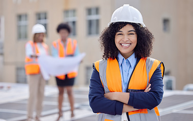 Image showing Construction worker, woman with smile in portrait and builder at work site with engineering and architecture. Happy female contractor in helmet, building industry and infrastructure with arms crossed