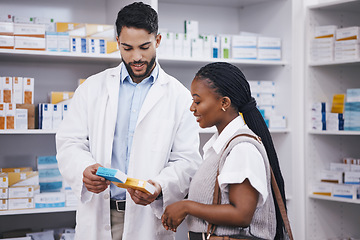 Image showing Pharmacy pills, customer question and black woman with pharmacist at a wellness and health store. Happy, drugs ingredients and male healthcare professional consulting about product and medicine