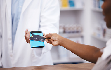 Image showing Pharmacy, credit card and payment with hands of people for retail, shopping and fintech banking service. Digital money, cashless and technology with machine and customer for electronic transaction