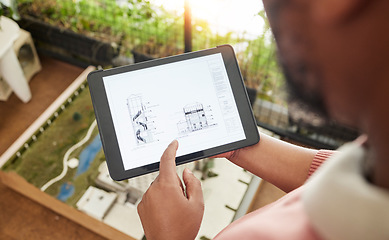 Image showing Hands, tablet and architecture design with blueprint, model and planning for property development at startup. Architect, typing and touchscreen for buildings, civil engineering or app for real estate