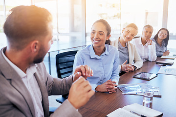 Image showing Business people, talking and meeting at desk with man, women or idea for company growth with diversity. Businessman, teamwork or discussion for consulting, planning or advice for strategy in workshop