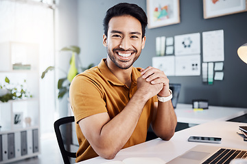 Image showing Smile, confidence and portrait of a man in the office while working on a business project with a laptop. Happy, success and professional Asian male corporate employee sitting by his desk in workplace