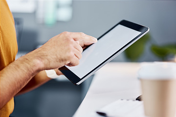 Image showing Man, hands and tablet with mockup screen for research, advertising or marketing at the office desk. Hand of male working on technology display for copy space in digital planning at the workplace