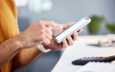 Image showing Man, hands and phone in finance planning, budget or calculations for banking, salary or account at office. Hand of male on mobile smartphone with mockup screen or display in financial audit at desk