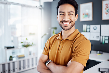 Image showing Portrait, crossed arms and happy business man, person or entrepreneur smiling for management, startup or mindset. Businessman, success and male agent with work happiness, mission or confidence