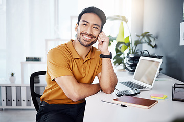 Image showing Office portrait, accountant and happy man, relax bookkeeper or Asian consultant with accounting success. Administration, bookkeeping admin and person with happiness, entrepreneurship or bank pride