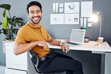 Image showing Portrait, workplace smile or happy man, business employee or male agent relax after for creative research. Web designer, SEO success or person with confidence, career growth or done with UX webdesign