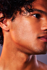 Image showing Face, beauty and man model jaw with skincare, self care and smooth skin isolated in a gray studio background. Head, Latino and serious male person with cosmetic, dermatology and facial treatment