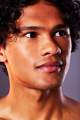 Image showing Face, beauty and man model with skincare, self care and smooth skin isolated in gray studio background. Closeup head, Latino and serious male person with cosmetic, dermatology and facial wellness