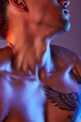 Image showing Man, chest and neon light in studio for art, fitness or beauty of a person on a gray background. Strong body, neck and male model with a tattoo, glow and creative motivation for aesthetic backdrop