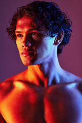 Image showing Light, shirtless or man in studio with art lighting and thinking with self care and neon. Focus, isolated and dark background of an attractive male model with artistic, creative and wellness fitness