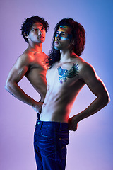 Image showing Skin, creativity and body of men model for beauty with paint as artwork isolated in a purple studio background. Colorful, neon and creative people for artistic beauty or fashion in a backdrop