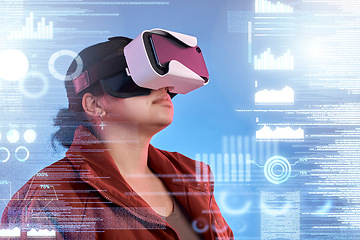 Image showing Metaverse, woman or virtual reality glasses with overlay for digital transformation, charts or graphs online. Girl with cool vr headset in holographic cyber 3d technology for big data or future news