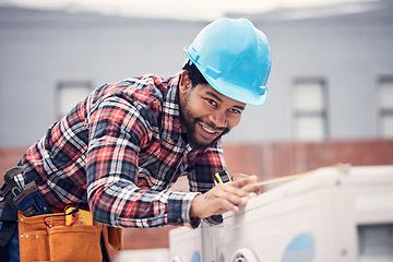 Image showing Man, measuring tape and air conditioner repair with inspection, installation or quality assurance on rooftop. African electrician, aircon and smile for maintenance, service check or hvac engineering