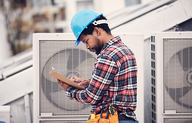 Image showing Technician, checklist and air conditioning inspection on roof for safety, power and maintenance. Engineer, black man and paperwork for hvac system, ac repair or quality assurance for sustainability