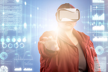 Image showing Light, woman or virtual reality glasses with overlay for digital transformation, 3d charts or graphs online. Girl with vr headset in holographic cybersecurity technology for big data or future news
