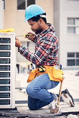 Image showing Black man, electrician and maintenance with engineer and ac repair with handyman working with tools on roof. Fix air conditioner, male technician with screwdriver and power generator with service