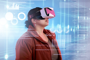 Image showing Metaverse, girl or virtual reality glasses with overlay for digital transformation, charts or graphs online. Woman with cool vr headset in holographic cyber 3d technology for big data or future news