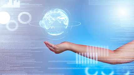 Image showing Globe hologram, global network or hand of person with data analysis or worldwide communication networking. Future cloud computing network, holographic planet ui or user with digital analytics overlay