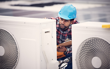 Image showing Technician clipboard, air conditioner or inspection on rooftop safety, power or maintenance. Electrician, black man or paperwork for hvac system, ac repair or quality assurance of temperature control