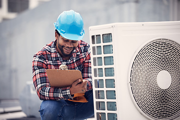 Image showing Air conditioner, clipboard and technician man inspection, maintenance and safety check for electrical power generator. Happy electrician, african person or contractor, checklist and roof engineering